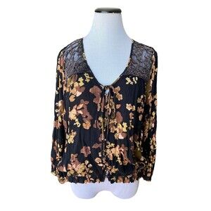 Gimmicks by BKE Womens Floral Lace Boho Blouse Size S Brown Sheer Fairy Forest